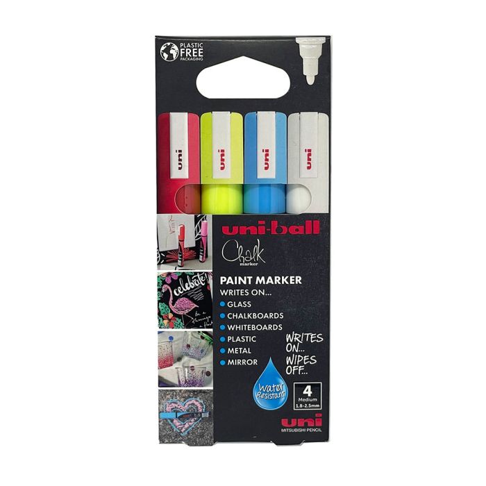 Uni ChalkGlass Marker Bullet Tip PWE-5M 4pc Pack Assorted
Uni ChalkGlass Marker Bullet Tip PWE-5M 4pc Pack Assorted